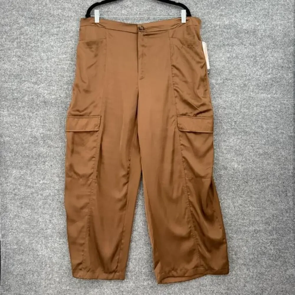 Sofia Vergara Womens Satin Cargo Wide Leg Pants Sz 20 XXL Brown Dressy High Rise